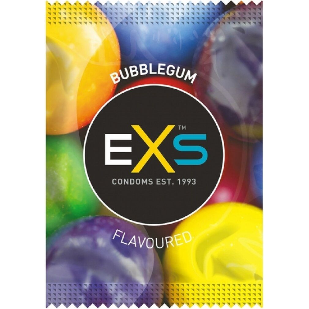 Einzelverpackung mit Bubblegum-Aroma. EXS-Logo. Bunte Hintergrund mit Bubblegum-Illustration.