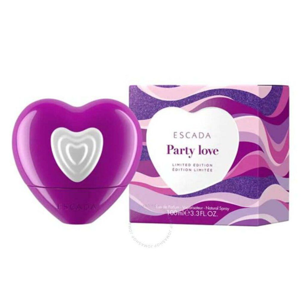 Lila Herzflakon und Schachtel. Auf der Schachtel: Escada Party Love, Limited Edition.