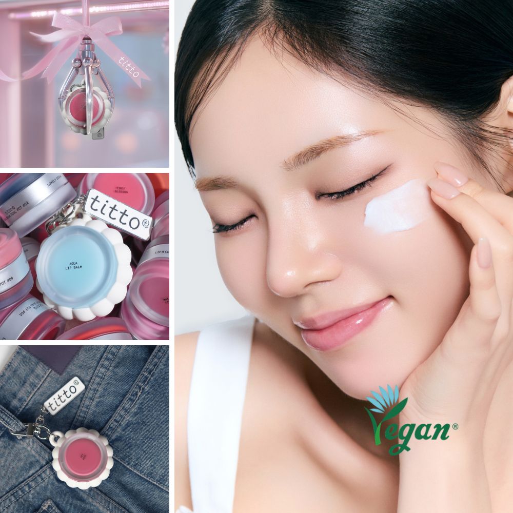 Collage mit titto Lip & Cheek Dual Pot. Produkt in verschiedenen Kontexten, mit Accessoires und Anwendung.