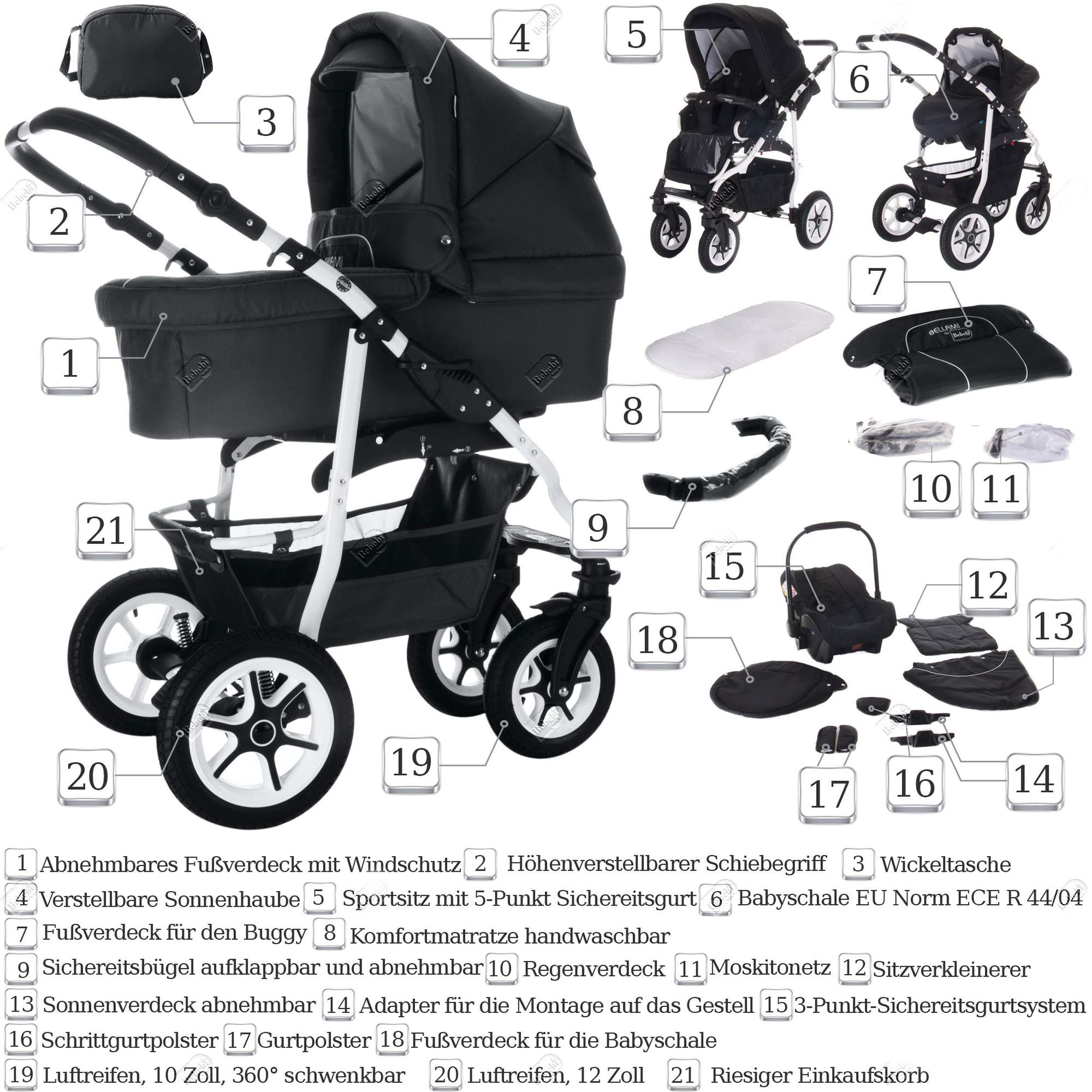 Kinderwagen mit Babywanne, Sonnenschutz, Moskitonetz und Zubehör. EU Norm ECE R44/04. YouTube-Kanal.
