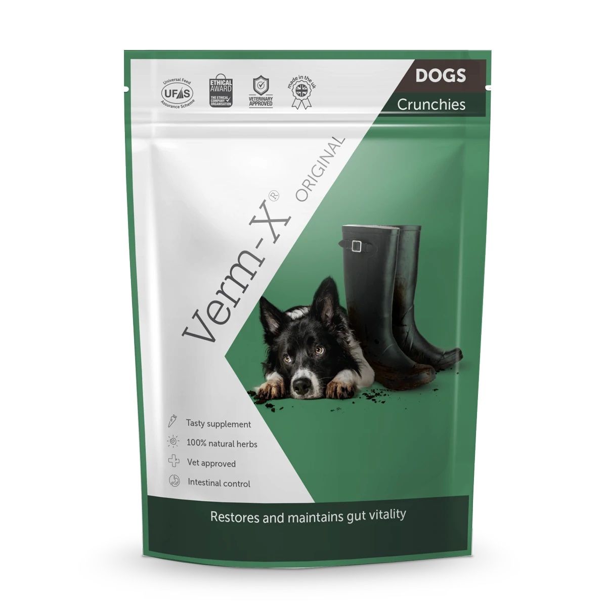 Beutel mit Verm-X Original für Hunde. Grün-weißes Design mit Hund und Gummistiefeln. Text: Tasty supplement, 100% natural herbs, Vet approved.