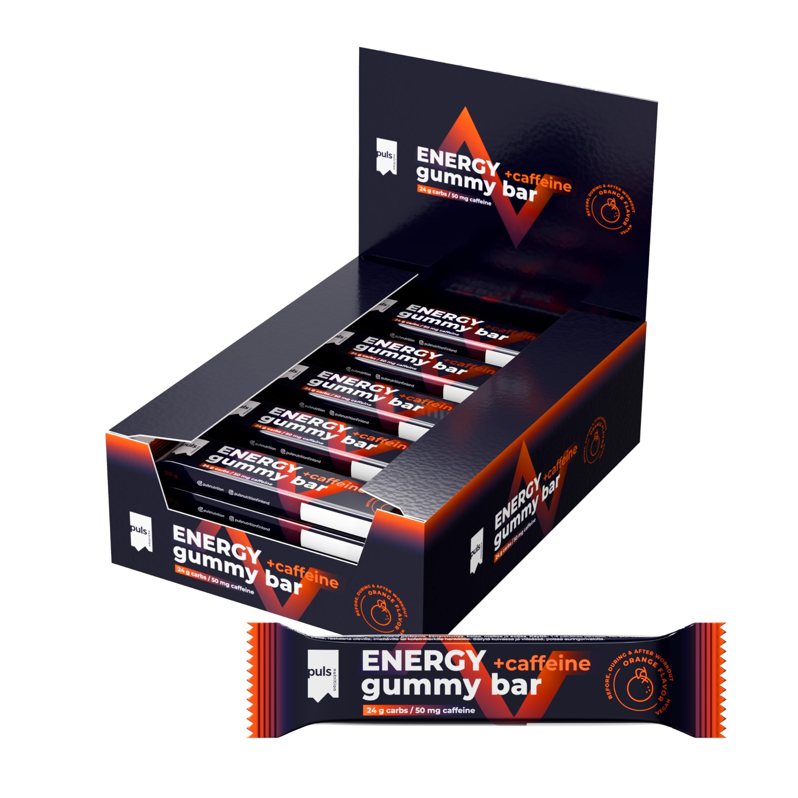Display mit Puls Energy Gummy Bars, eine einzelne Orange-Koffein-Bar daneben.