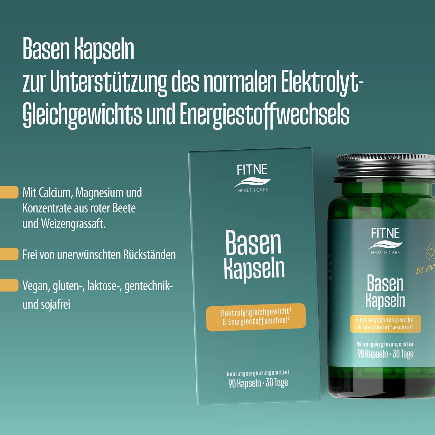 Grüne Schachtel und Glas mit Kapseln. Aufschrift: FITNE Basen Kapseln. Enthält Calcium, Magnesium und Konzentrate. Vegan, gluten-, laktose-, gentechnik- und sojafrei.