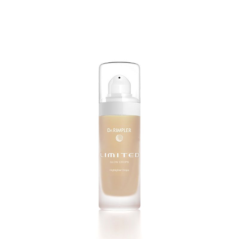 Flakon Dr. Rimpler Glow Drops. Durchsichtiger Spender mit Produkt. Weißes Etikett mit Produktnamen und Logo.