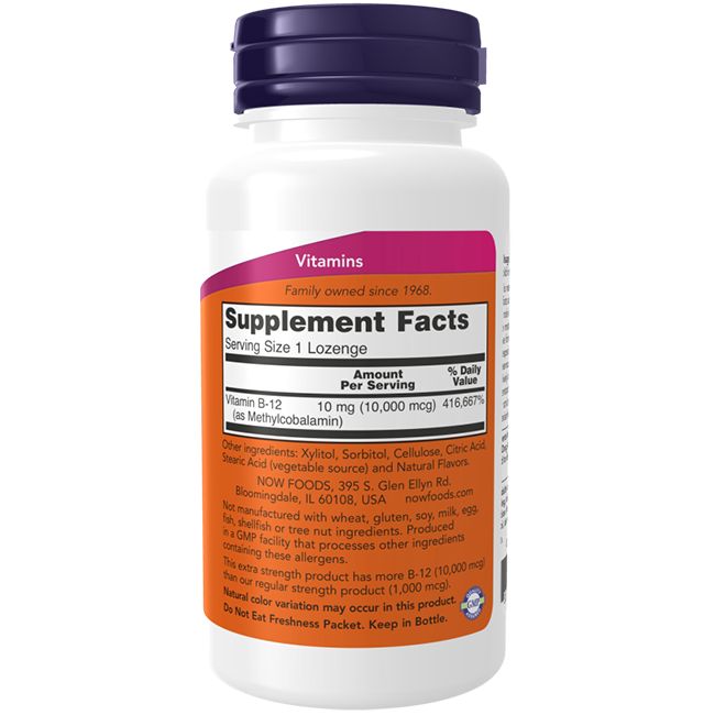 Weiße Flasche mit lila Deckel. Etikett mit orangefarbenen und pinkfarbenen Bereichen. Text: Supplement Facts, Vitamin B-12, 10 mg.