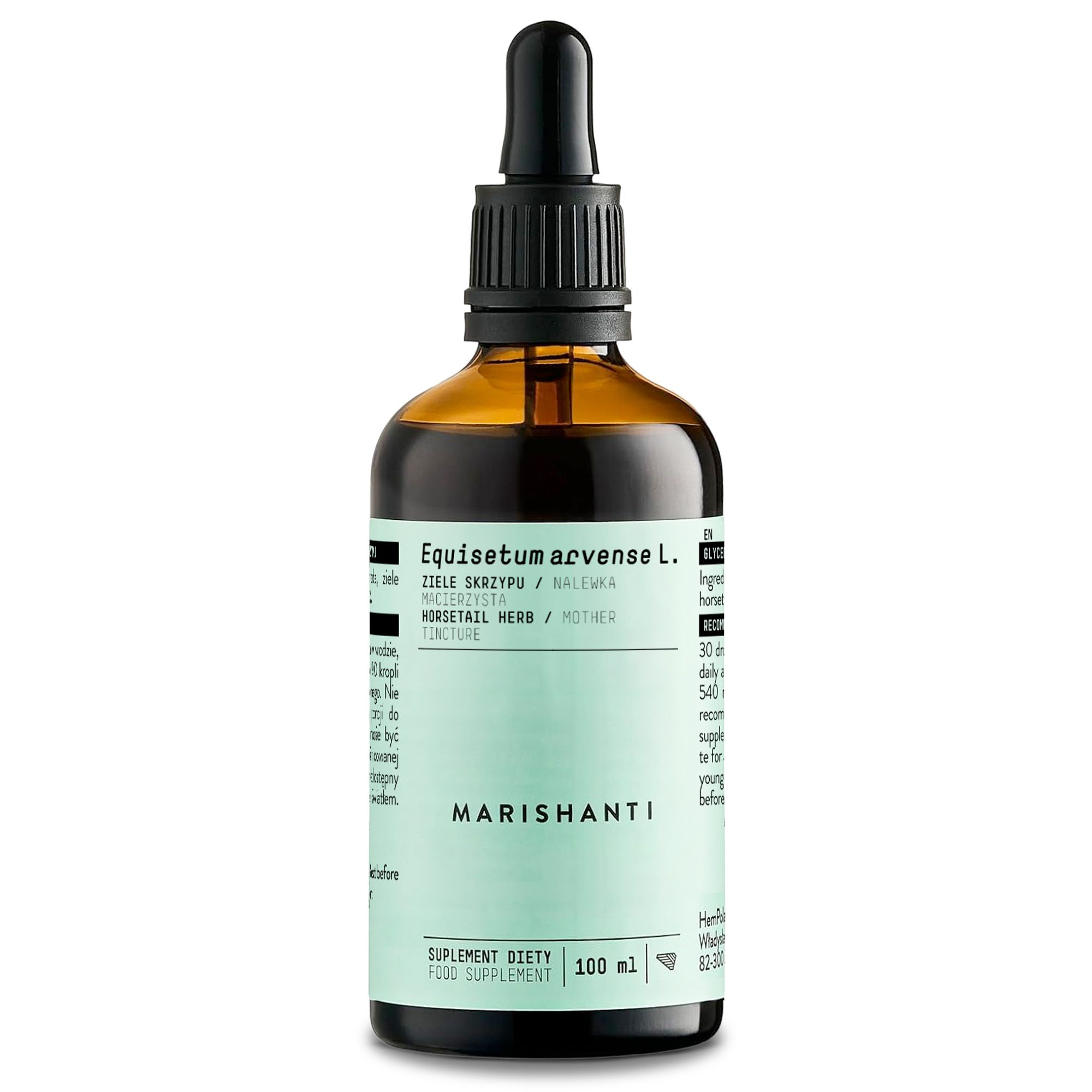 Braune Glasflasche mit Tropfer. Aufschrift Marishanti. Produktbezeichnung und Inhaltsangabe.