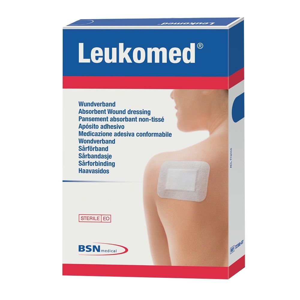 Verpackung von Leukomed®. Blauer Karton mit Produktname. Aufkleber auf Schulter. Sterile EO-Kennzeichnung.