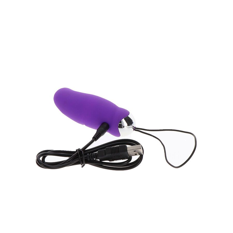 Lila Vibrator mit silbernem Ende, USB-Ladekabel angeschlossen. Schwarze Schnur.