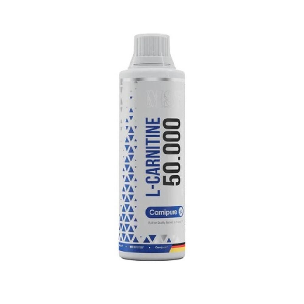 Flasche mit L-Carnitin 50.000. Weißes Etikett mit blauen Dreiecken. Carnipure-Logo. Deutscher Flaggen-Hinweis.