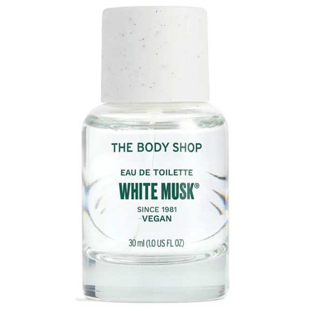 Klarer Flakon mit weißem Deckel. Aufschrift: White Musk, Eau de Toilette, The Body Shop. Vegan. 30 ml.