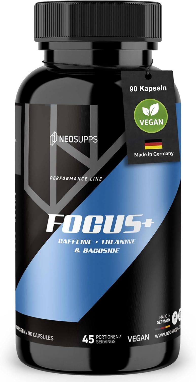 Schwarze Flasche mit Focus+. Aufschrift: Neosupps, Performance Line, Koffein, Theanin & Bacoside. 90 Kapseln, vegan, Made in Germany.