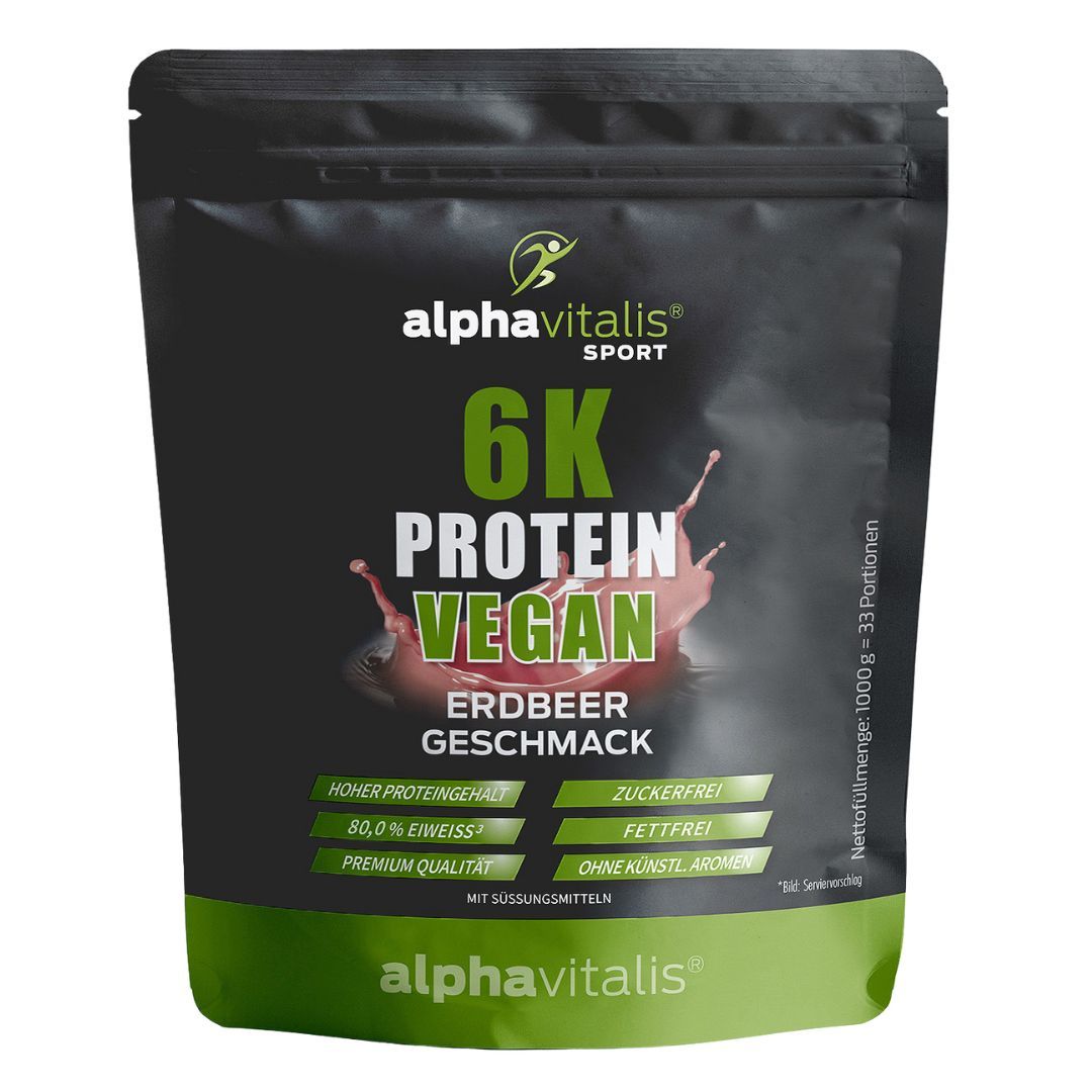 Alphavitalis 6K Protein Vegan Erdbeer Geschmack Pulverbeutel.