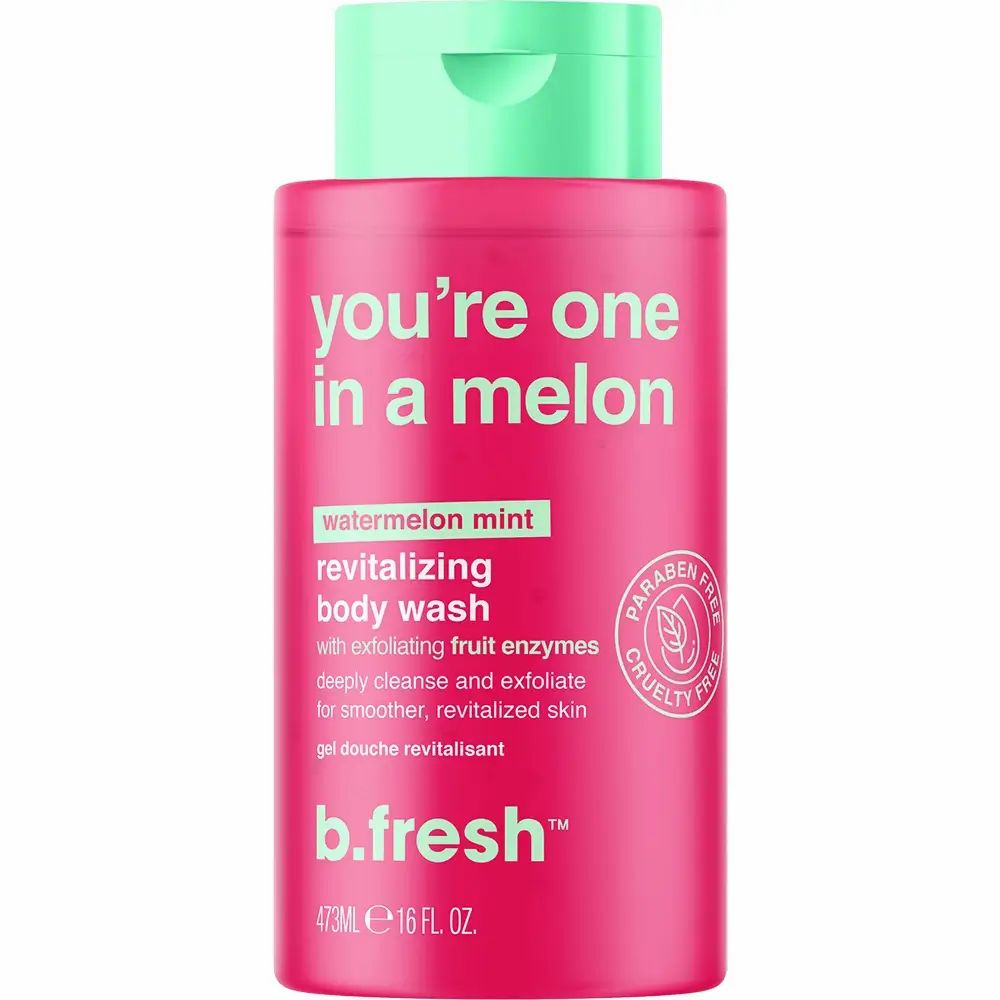 Rosa Duschgel-Flasche mit grünem Deckel. Text: "you're one in a melon", "revitalizing body wash", "b.fresh". Paraben- und tierversuchsfrei.