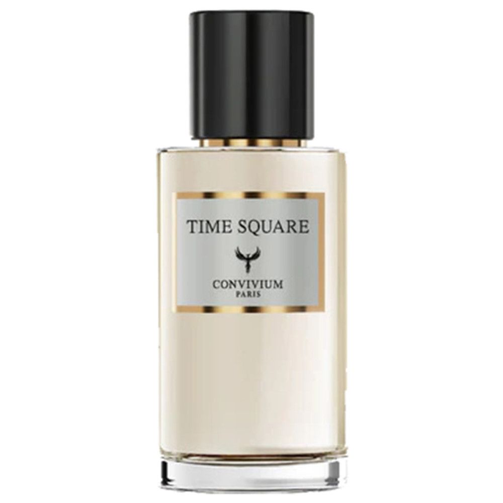 Parfümflakon mit schwarzem Deckel. Etikett mit "TIME SQUARE" und "CONVIVIUM PARIS".