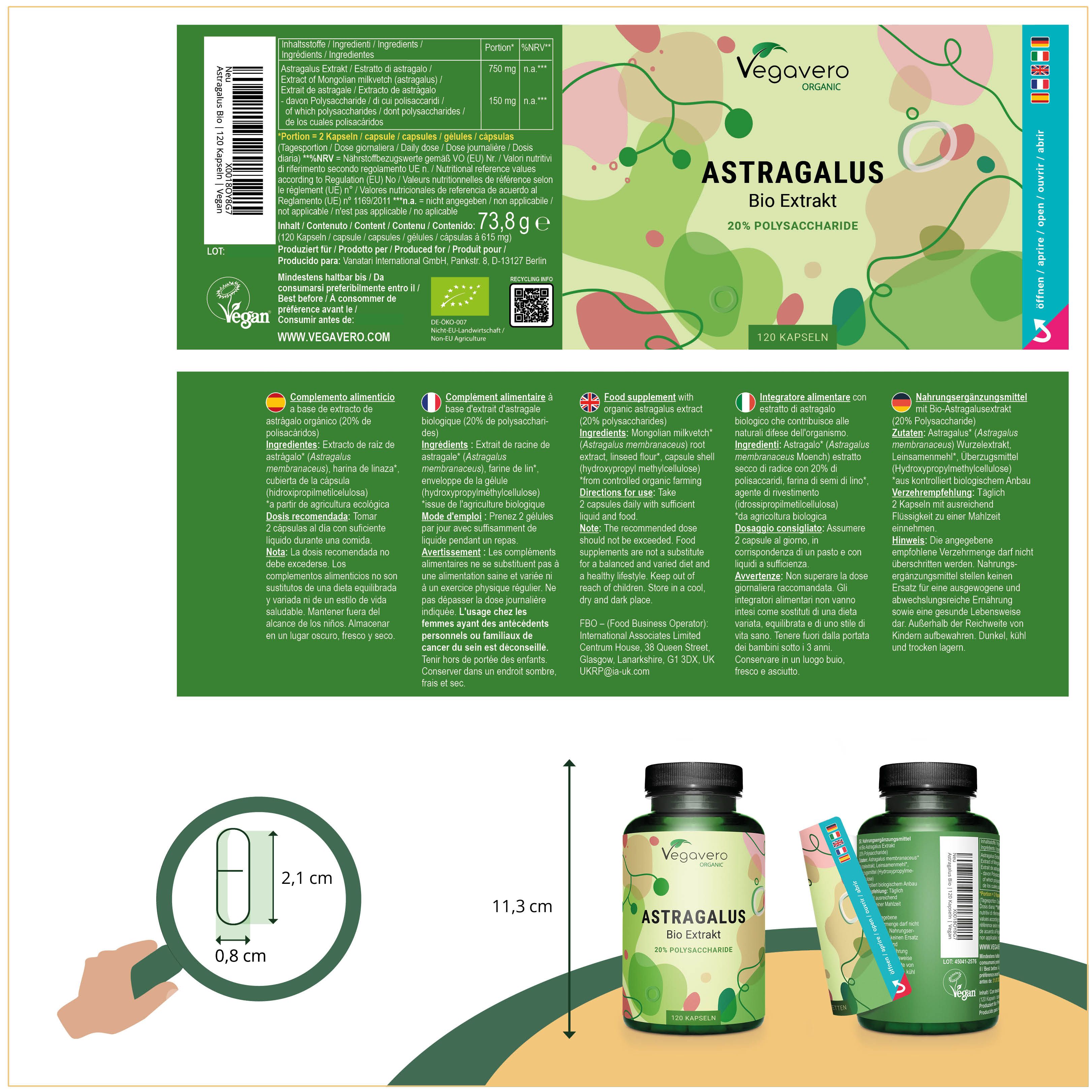 Produktetikett mit Informationen. Flasche mit Kapseln, 11,3 cm hoch. Kapsel-Abmessungen: 2,1 x 0,8 cm. Zusätzliche Verpackung.