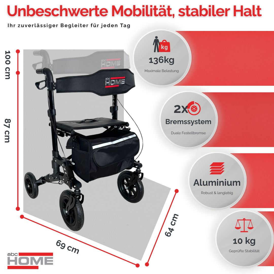 Rollator mit Federung, Sitz, Tasche und Stockhalter.