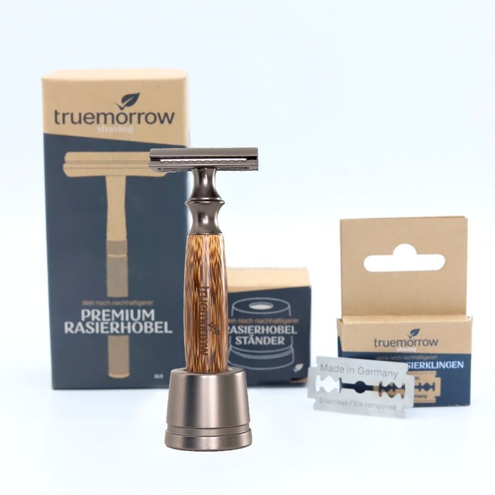 truemorrow Shaving Starter-Set (mit Premium Rasierhobel, Ständer und 10 Klingen) Bambus-anthrazit