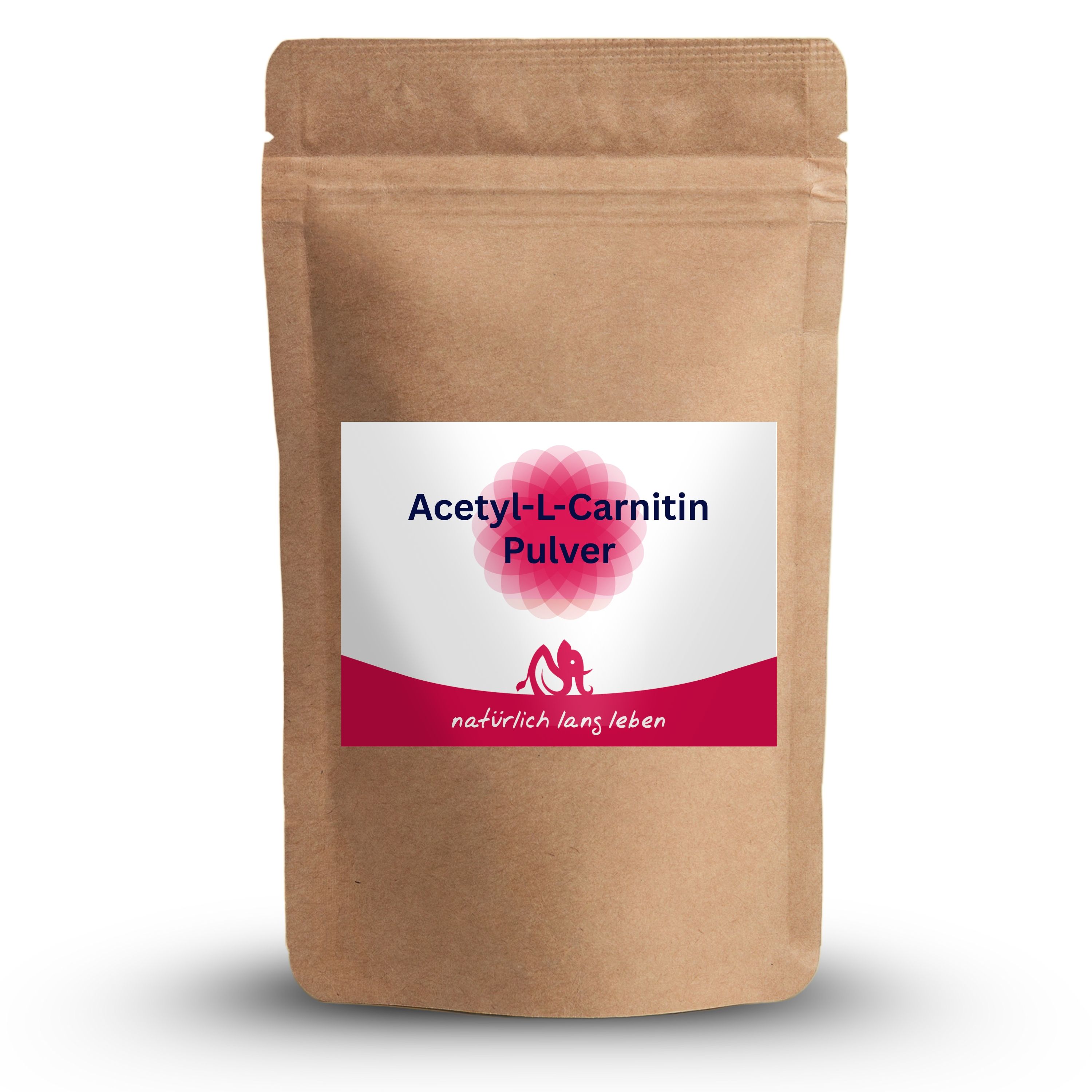 Braune Tüte mit Etikett. Aufschrift: Acetyl-L-Carnitin Pulver. Logo und Schriftzug: natürlich lang leben.