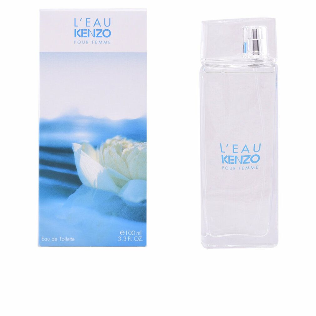Flakon und Verpackung von Kenzo L'Eau Pour Femme. Rechteckiger Flakon mit Sprühkopf. Verpackung mit floralem Motiv und Produktnamen.