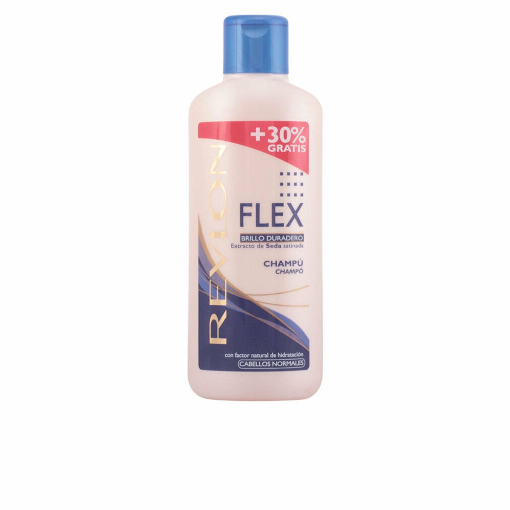 Flasche Revlon Flex Shampoo für normales Haar. Weiß-blaue Verpackung mit blauer Kappe. Text: Flex, Champú, +30% gratis.
