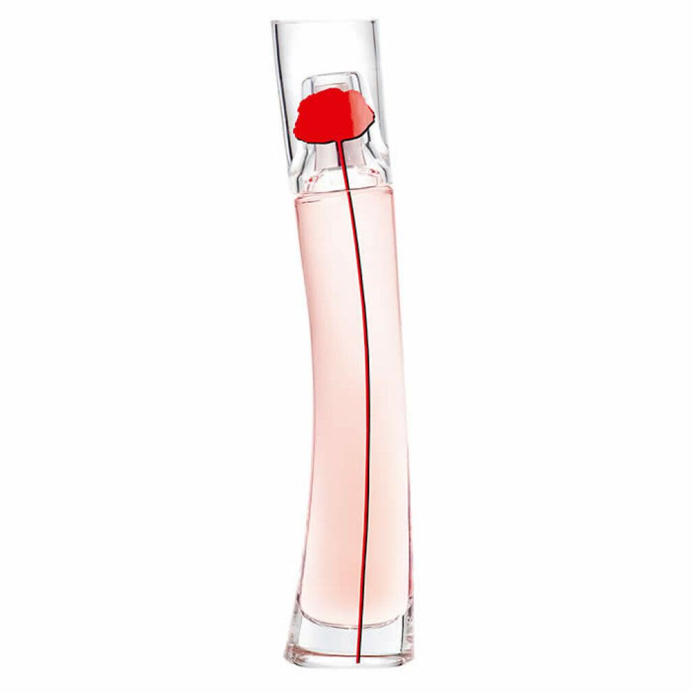 Parfümflasche mit rosa Flüssigkeit. Rote Blume am Flaschenhals. Schlanke, gebogene Form. Schriftzug nicht sichtbar.