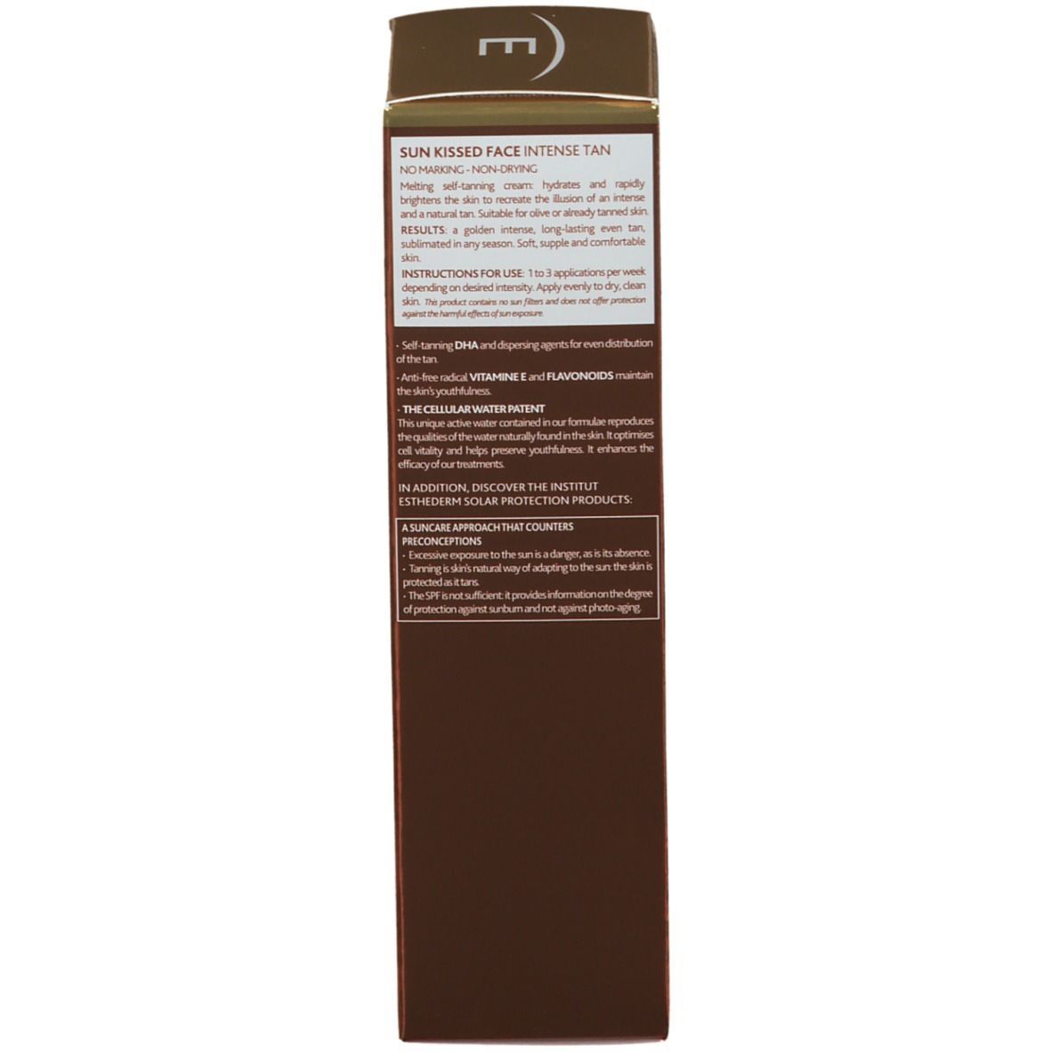 Zijkant doos. Tekst: SUN KISSED SELF-TANNING FACE CARE. Gebruiksaanwijzing. NAOS logo. Ingrediënten.