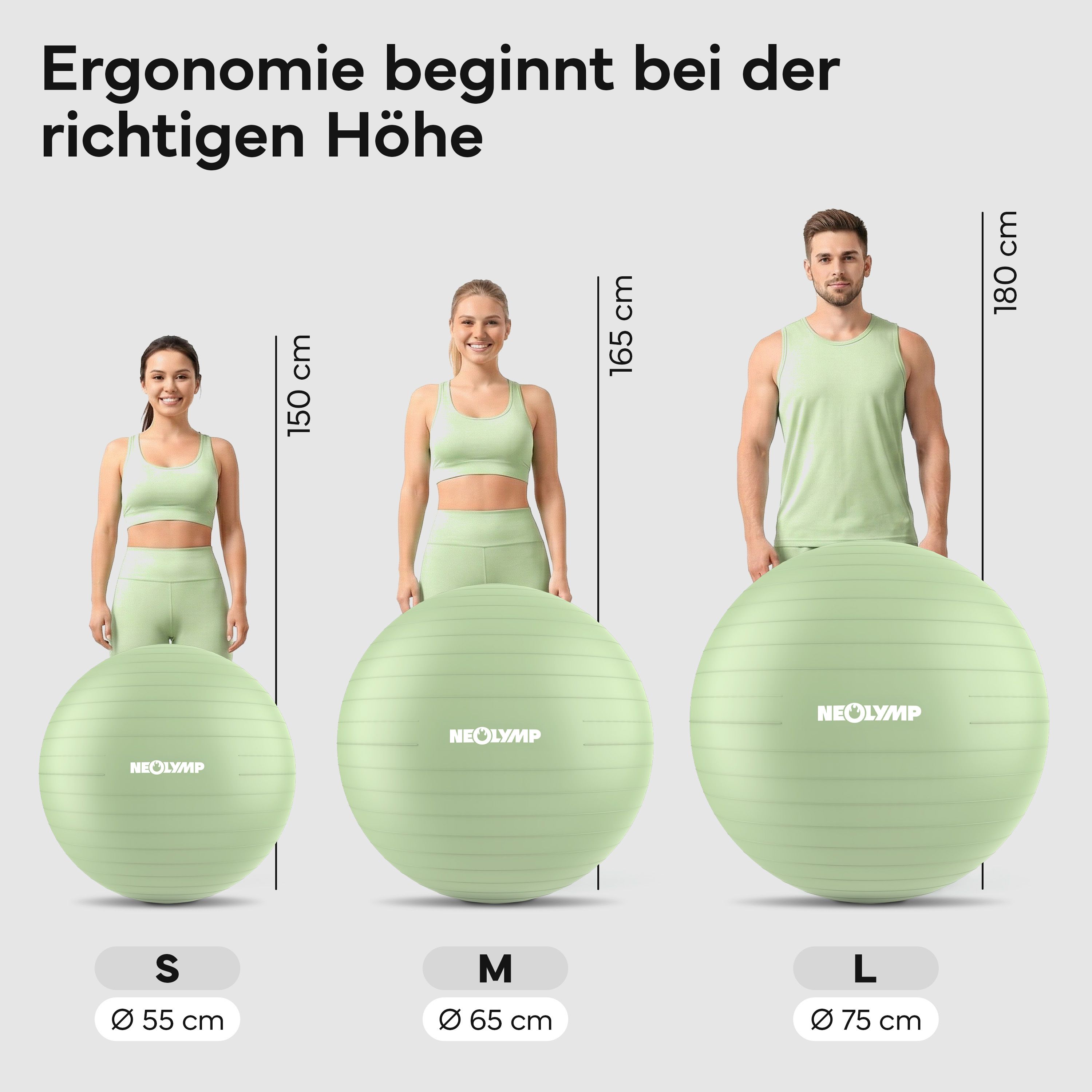 Grüne Gymnastikbälle in Größen S (55cm), M (65cm), L (75cm) im Größenvergleich.