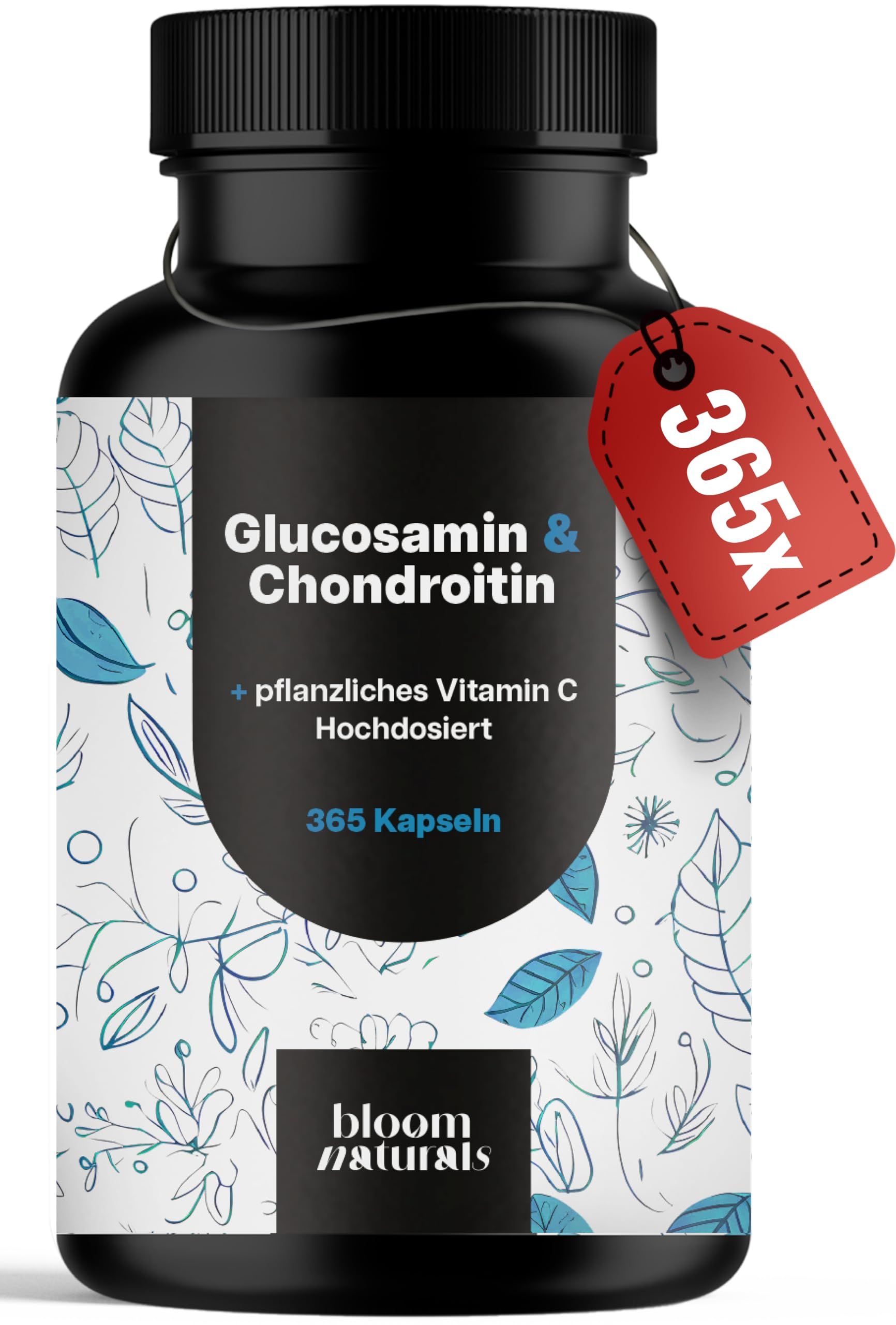 Dose Glucosamin & Chondroitin von Bloom Naturals mit rotem Anhänger "365x".