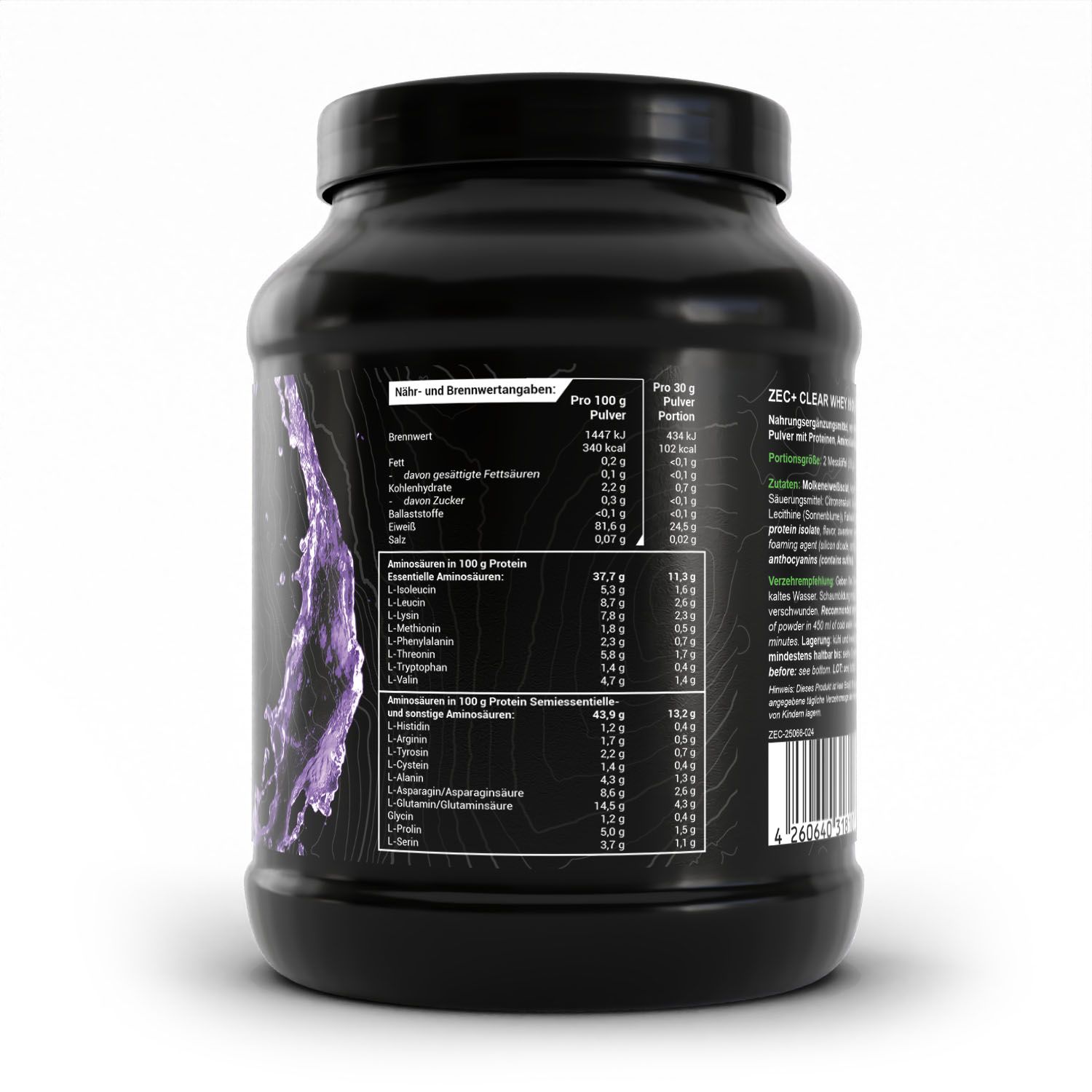 Rückseite der schwarzen Dose ZEC+ CLEAR WHEY ISOLATE. Nährwertangaben und Aminosäuren-Informationen.