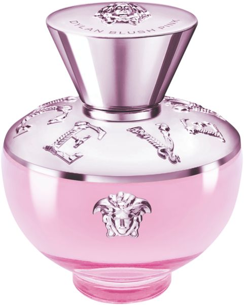 Versace Dylan Blush Pink Eau de Parfum Flakon mit silbernem Deckel und Medusa-Logo.