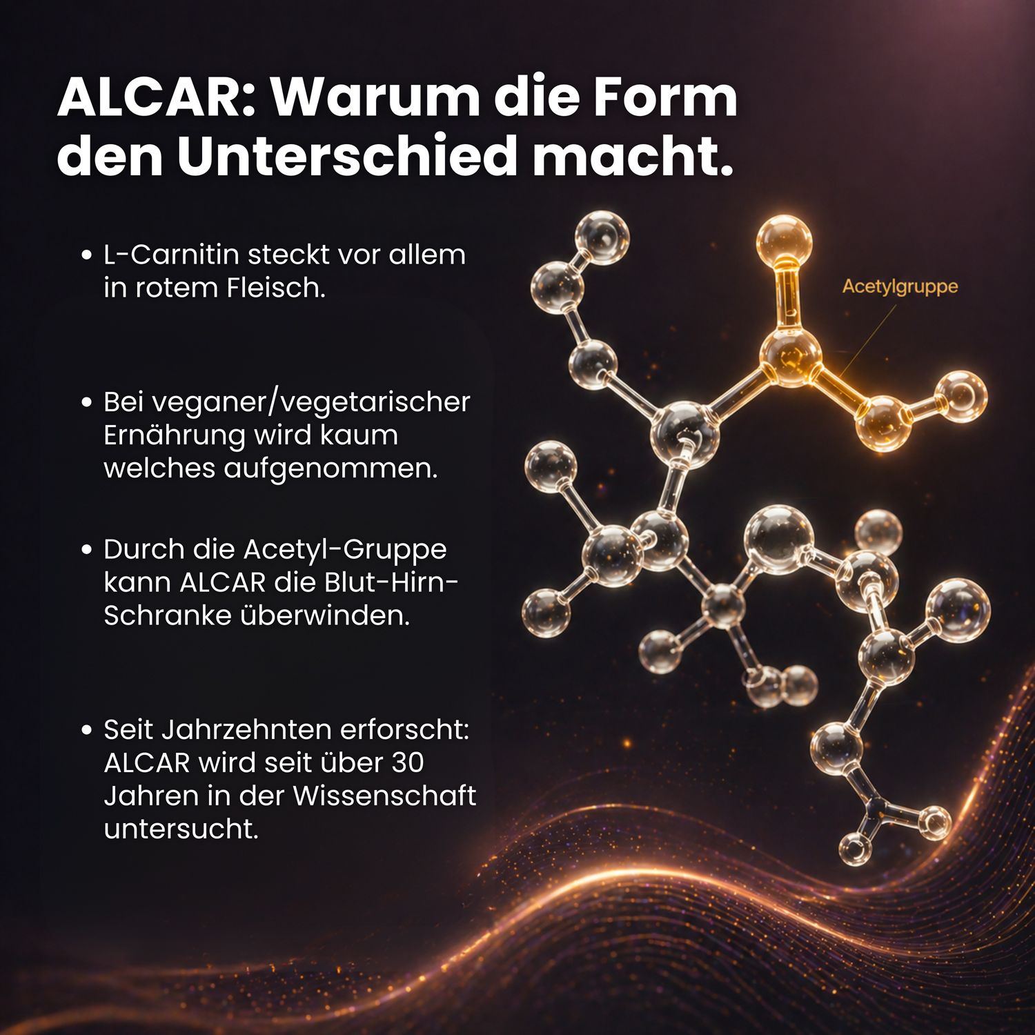 Molekulare Struktur von Acetyl-L-Carnitin mit der Acetylgruppe hervorgehoben.