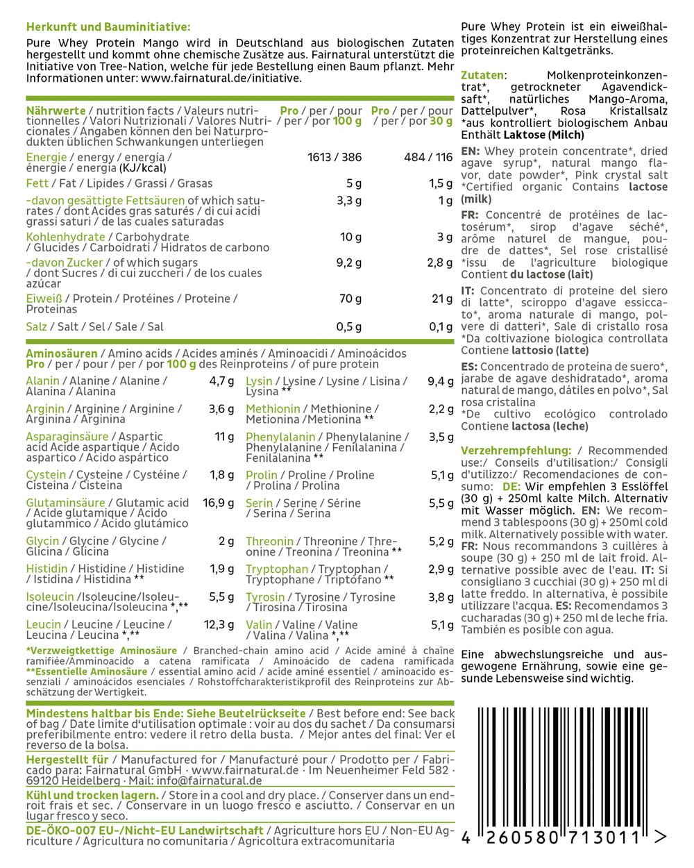 Nährwertangaben für FAIRNATURAL Bio Whey Protein Mango.