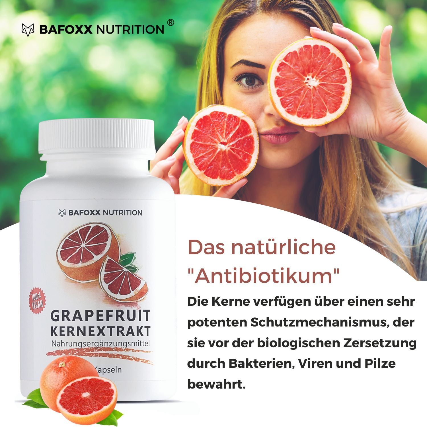 BAFOXX Nutrition® Kapseln. Frau hält Grapefruit-Hälften. Produkt- und Grapefruit-Illustrationen. Text: Grapefruit Kernextrakt.