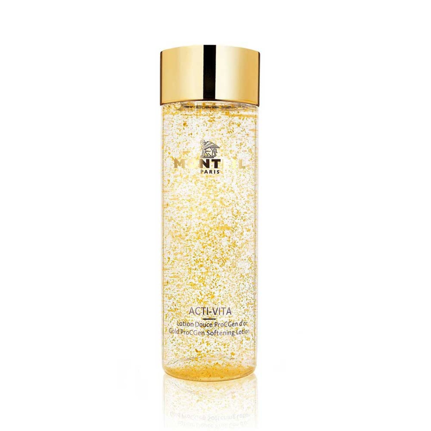 Zylindrische Flasche mit goldfarbenem Deckel. Flüssigkeit mit goldenen Partikeln. Aufschrift: Acti-Vita, Gold ProCGen Softening Lotion.