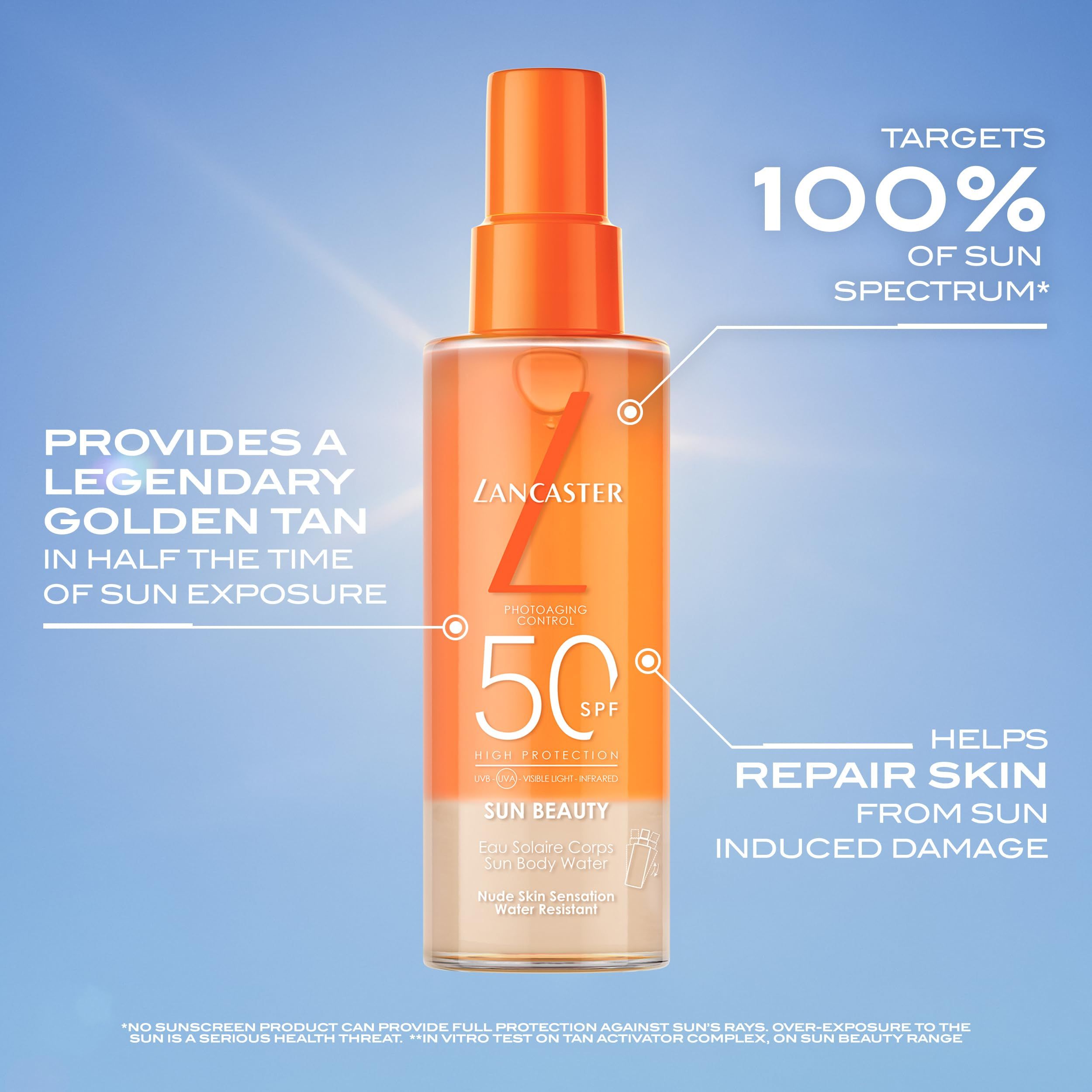 Lancaster Sun Beauty Water Spray SPF 50, zielt auf 100% des Sonnenspektrums, hilft, sonnenbedingte Hautschäden zu reparieren.