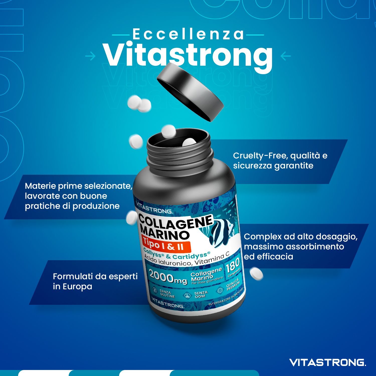 Dunkelgraue Flasche mit Tabletten. Aufschrift: Vitastrong, Collagene Marino Typ 1&2, 180 Tabletten. Blaue Verpackung.