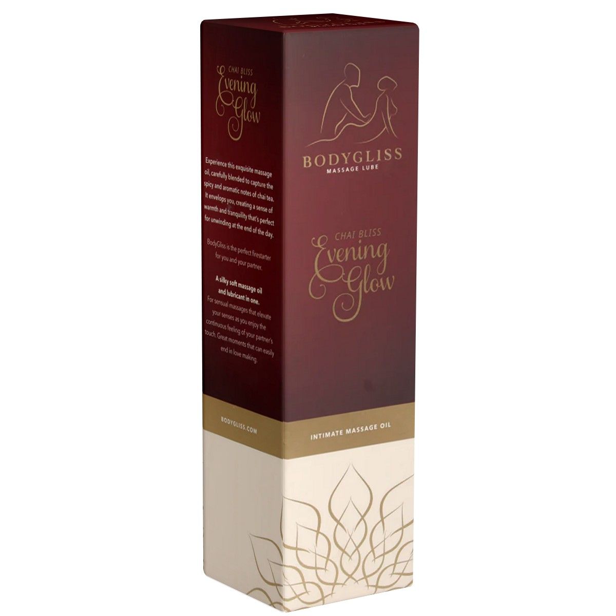 Kartonverpackung. Aufschrift: BodyGliss Massage Lube, Chai Bliss Evening Glow. Farbverlauf von Burgunderrot zu Creme. Goldene Verzierungen.