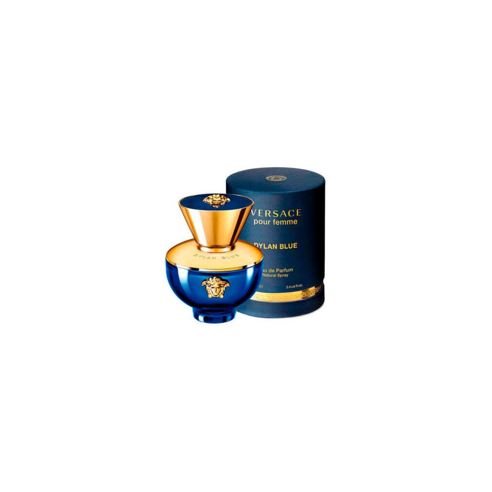 Blauer Flakon und Verpackung. Aufschrift "Versace pour femme Dylan Blue". Goldene Details. Zylindrische Verpackung.