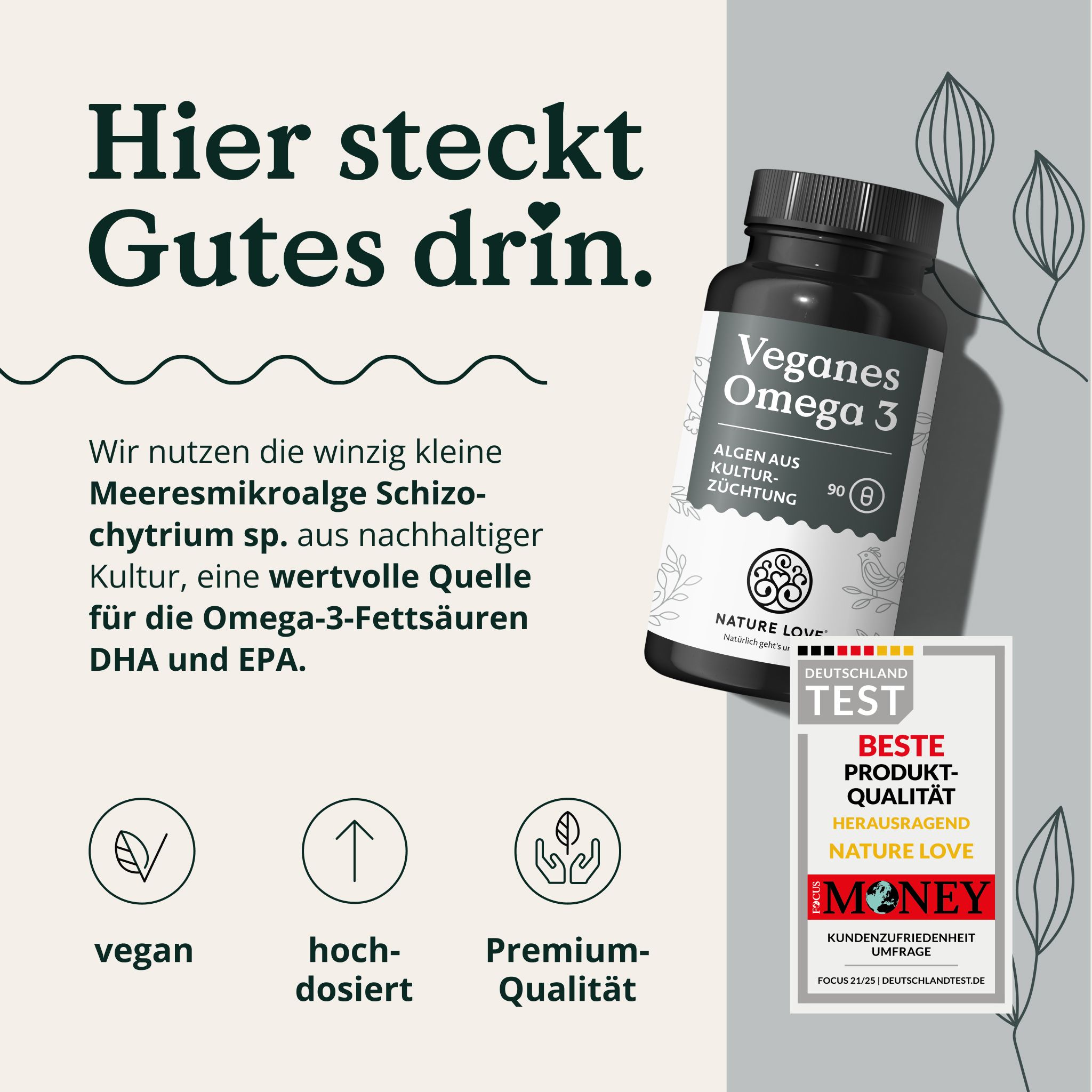 Flasche mit veganen Omega-3-Kapseln, Siegel 'Deutschland Test Beste Produkt-Qualität'.