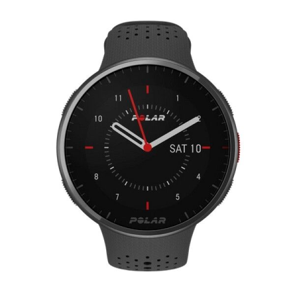 Schwarze Polar Pacer Pro Smartwatch mit rundem Zifferblatt. Rote Akzente an der Seite. Datum: Samstag, 10.