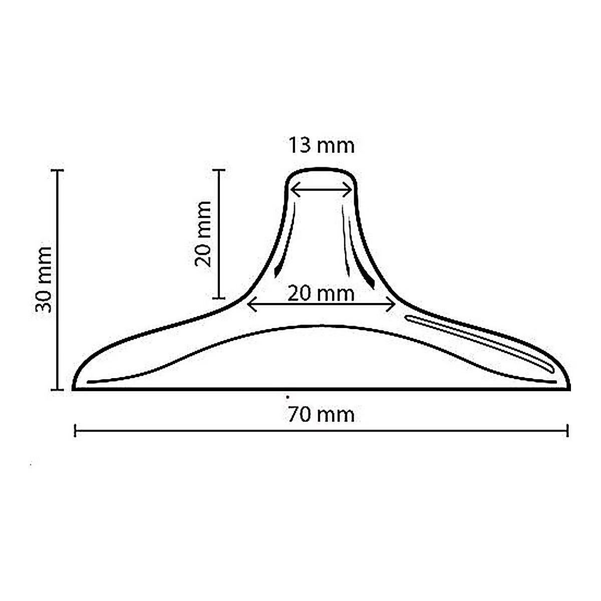 Zeichnung eines Stillhütchens mit Maßangaben: 30mm hoch, 70mm breit, 20mm und 13mm Durchmesser.