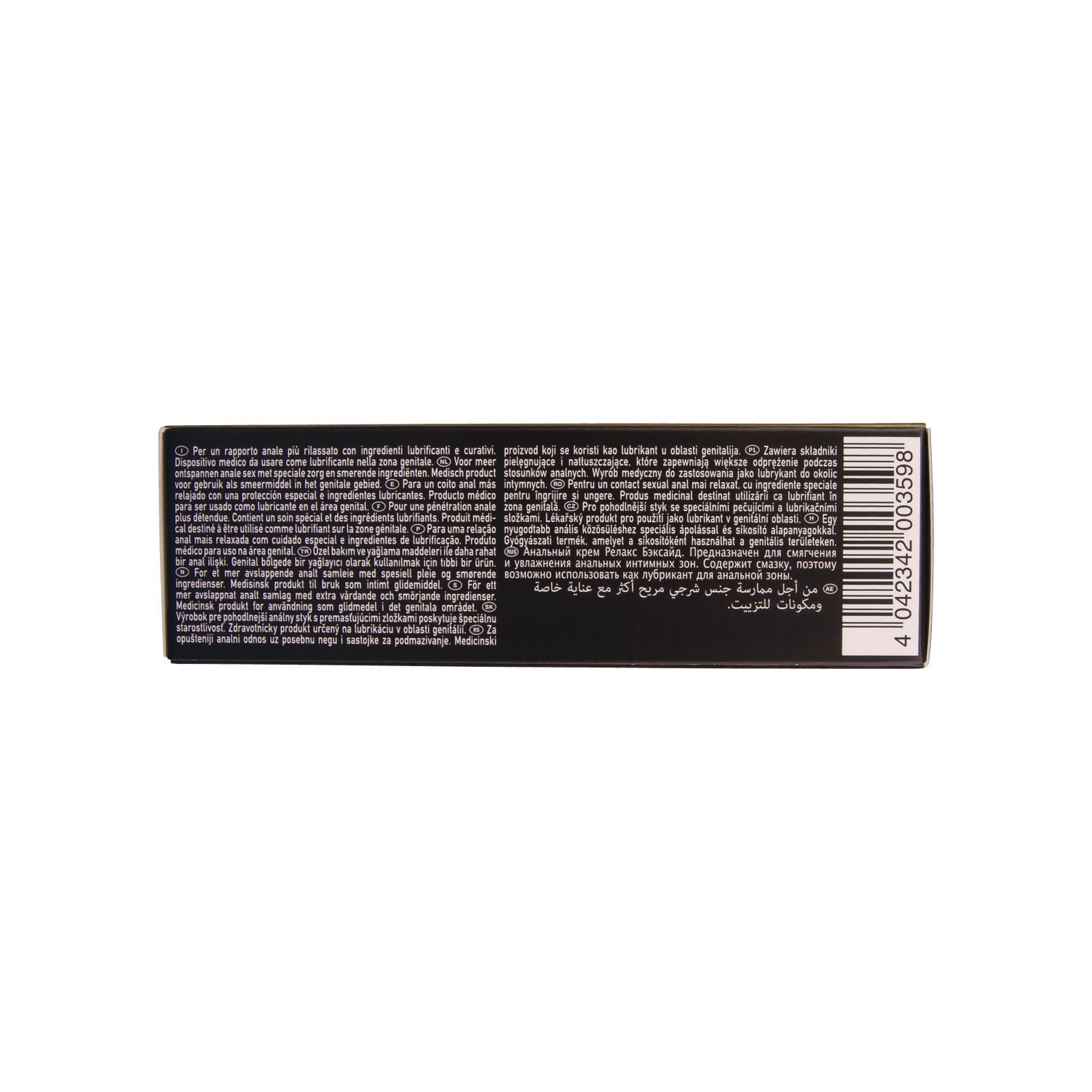 Schwarze Produktverpackung mit Text. Rückseite mit Informationen und Barcode. Text in mehreren Sprachen.