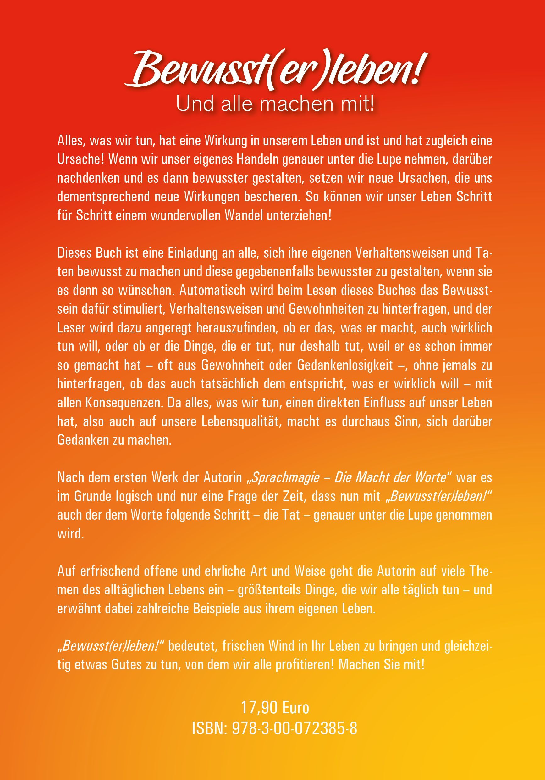 Rückseite des Buches "Bewusst(er)leben!". Text in deutscher Sprache. Preis: 17,90 Euro. ISBN-Nummer sichtbar.
