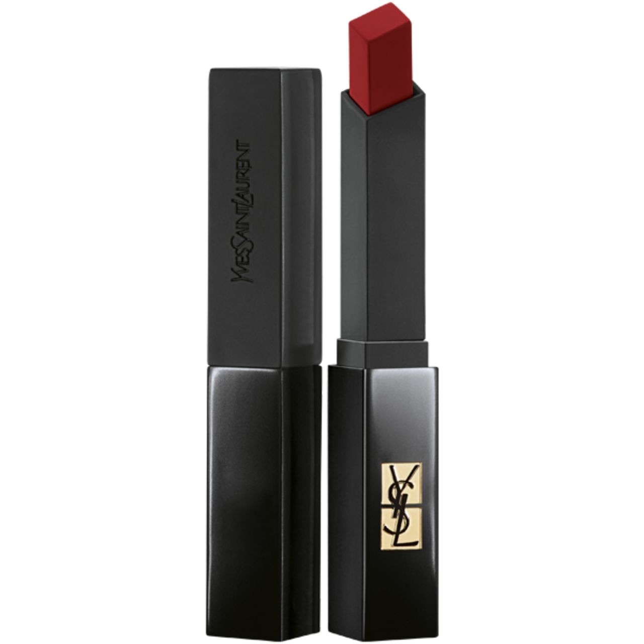 Schwarzer Lippenstift mit roter Spitze. Der Stift ist in einer schwarzen, rechteckigen Hülle mit dem Logo YVES SAINT LAURENT und einem goldenen Logo verpackt.