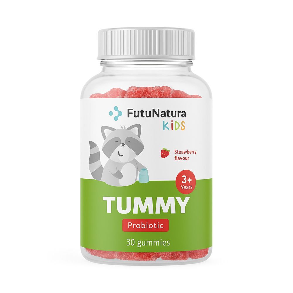 Flasche FutuNatura Tummy Kindergummies. Etikett mit Waschbär, Erdbeere und Text: 3+ Jahre, Probiotisch, 30 Gummies.