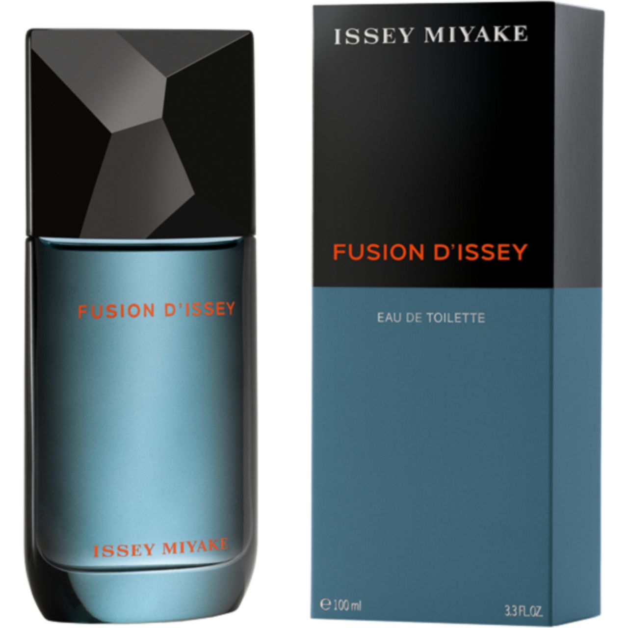 Flakon und Verpackung. Flakon: blau, transparent, schwarzer Deckel. Verpackung: schwarz/blau. Schriftzug "FUSION D'ISSEY" und "ISSEY MIYAKE".