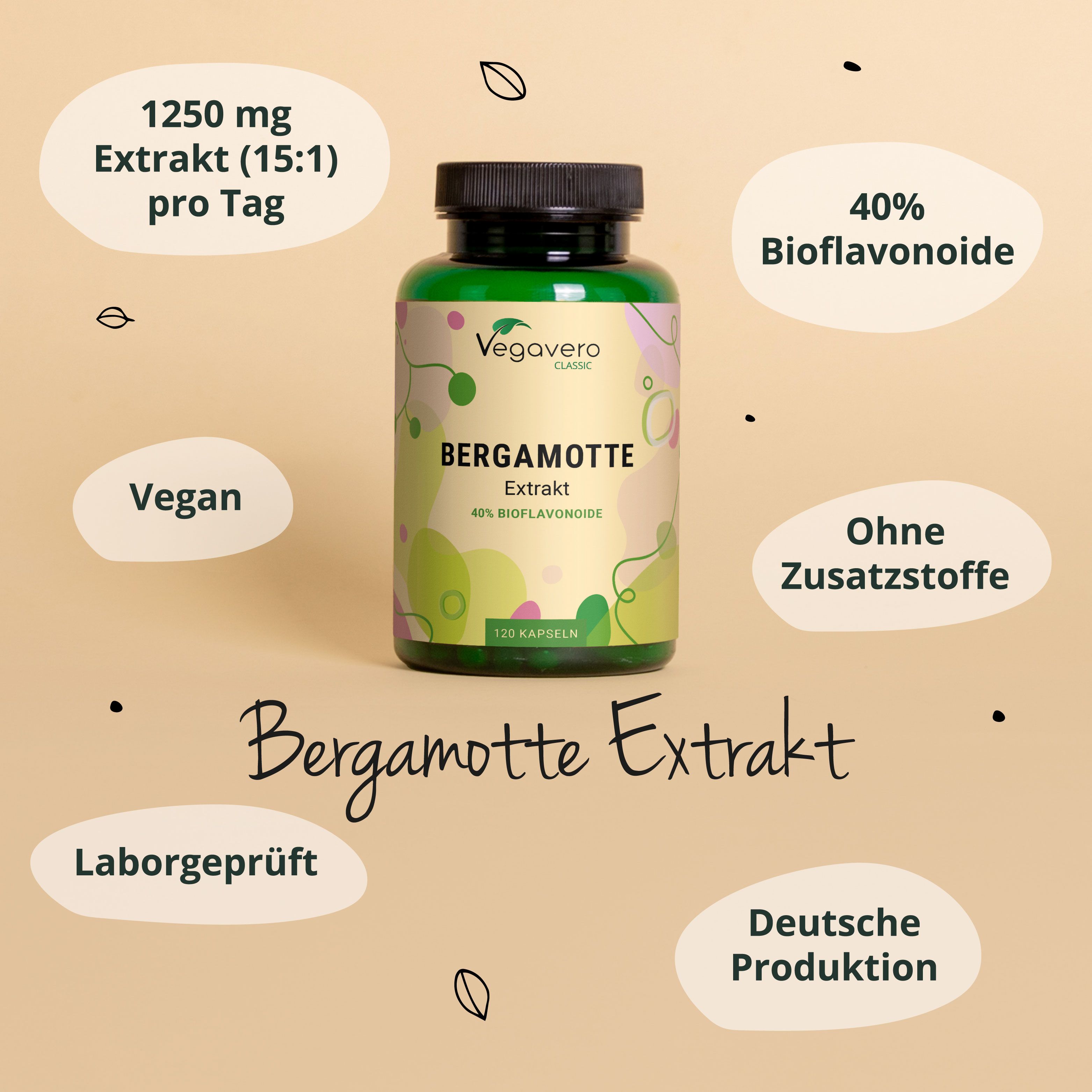 Flasche mit Kapseln. Aufschrift: Bergamotte Extrakt, 40% Bioflavonoide. 120 Kapseln. Zusätzliche Informationen.