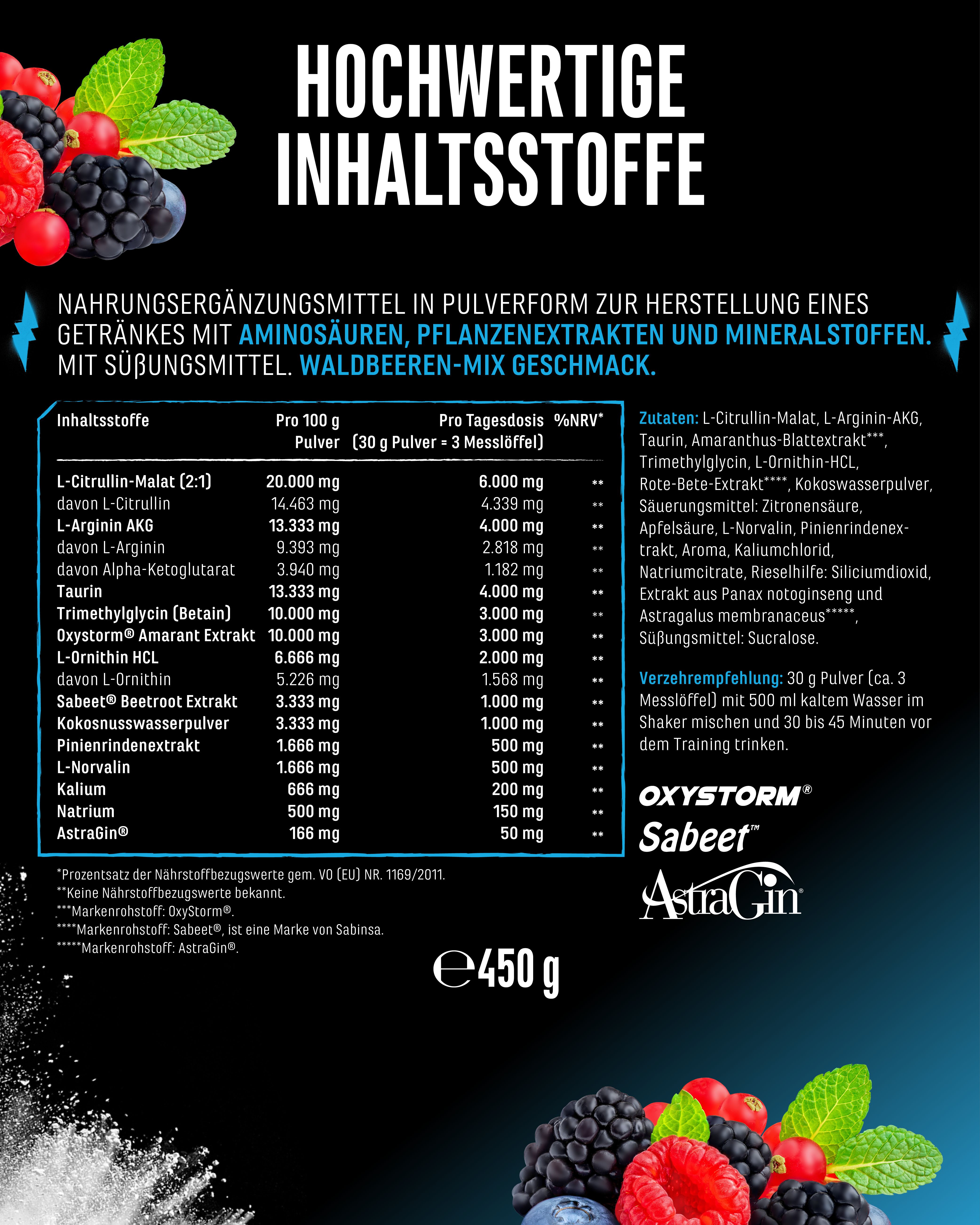 Nahrungsergänzungsmittel in Pulverform. Inhaltsstoffe: L-Citrullin-Malat, L-Arginin-AKG, Taurin, etc. Waldbeeren-Mix Geschmack. 450g.