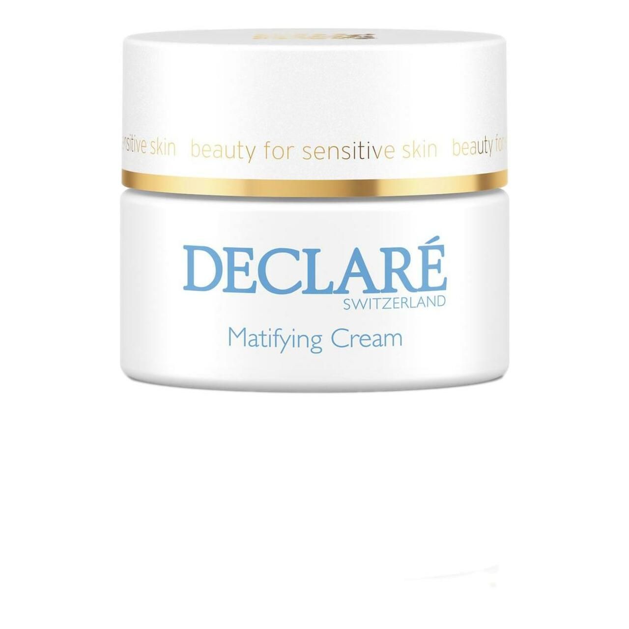 Weißer Tiegel mit goldfarbenem Ring. Aufschrift: DECLARÉ SWITZERLAND, Matifying Cream. Text: beauty for sensitive skin.