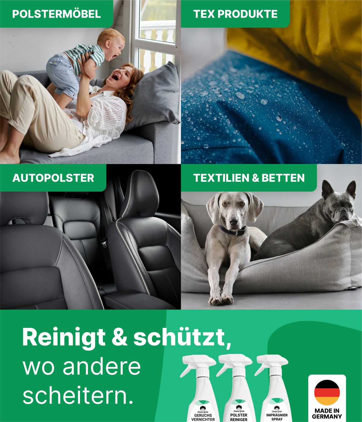 Emma Grün® Polstermöbel reinigen Set mit Reiniger, Geruchsvernichter & Imprägnierer